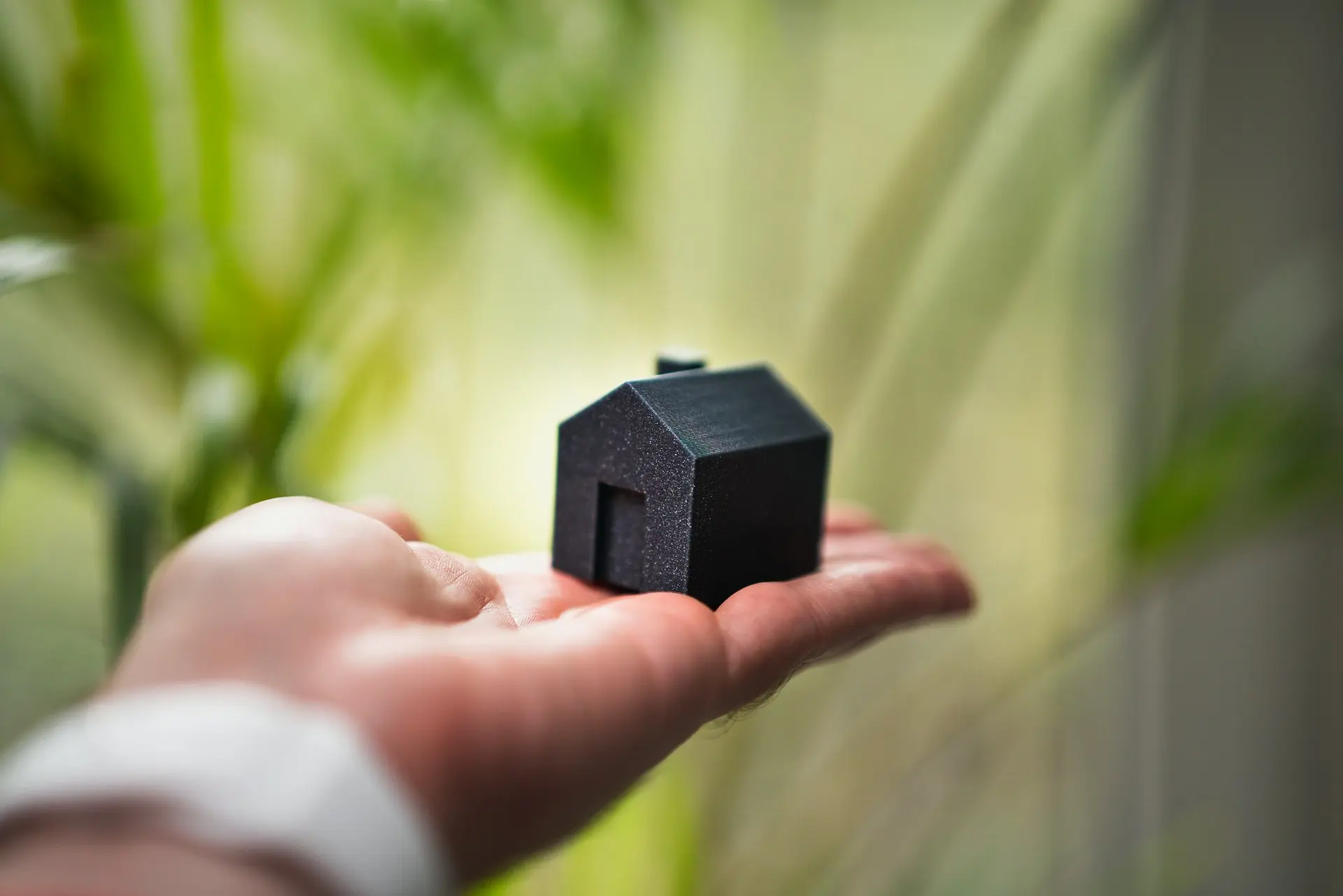 A person holding a small house in their hand